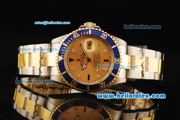 Rolex Submariner Automatic Movement Blue Bezel with Khaki Dial and Diamond Marker-Two Tone Strap - Click Image to Close
